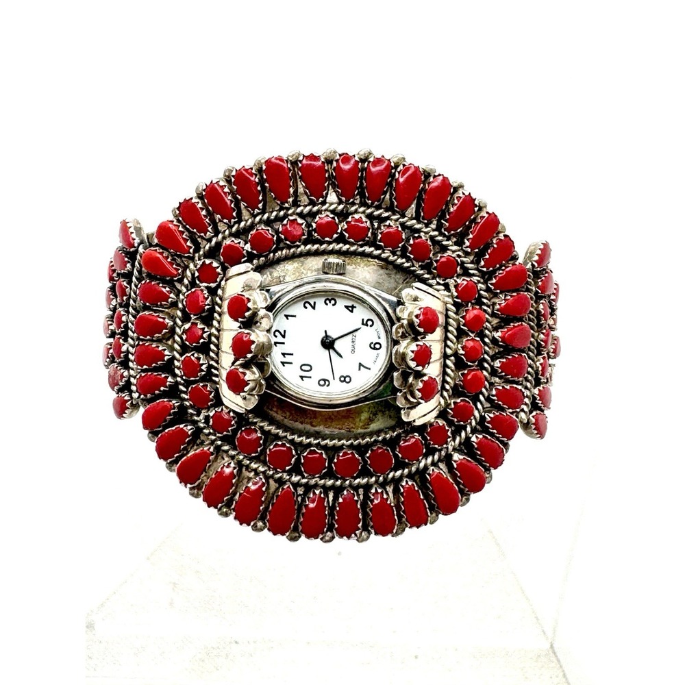 Zuni Red Coral Cluster Silver Watch Cuff 88 Stone Vintage 1950s 1960s 59.4g
